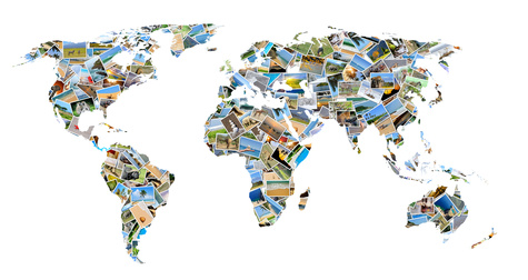 Collection of different photos placed as world map shape